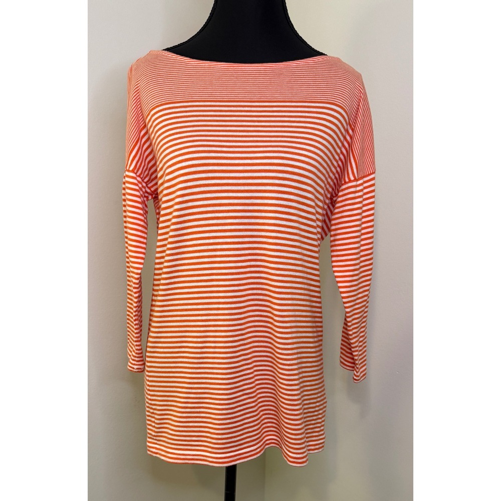 Lauren Jeans Co Ralph Lauren‎ Orange White Striped Boat Neck Cotton Top Medium